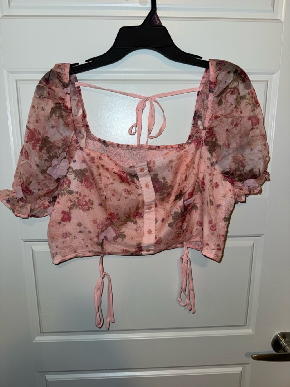 SHEIN Pink Floral Tie-Back Cropped Peasant Top